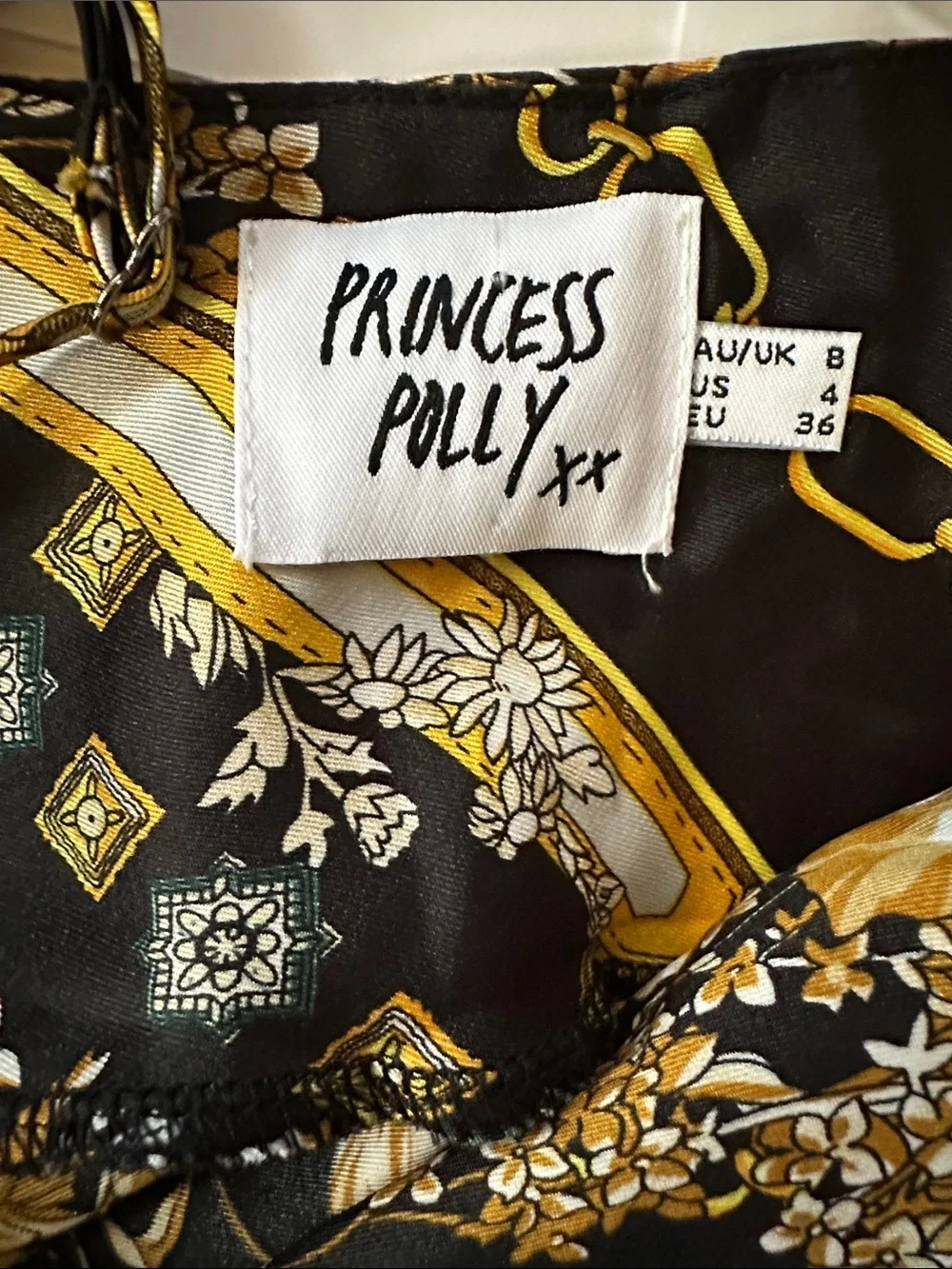 Princess Polly Black Satin Cami with Gold Floral & Chain Print